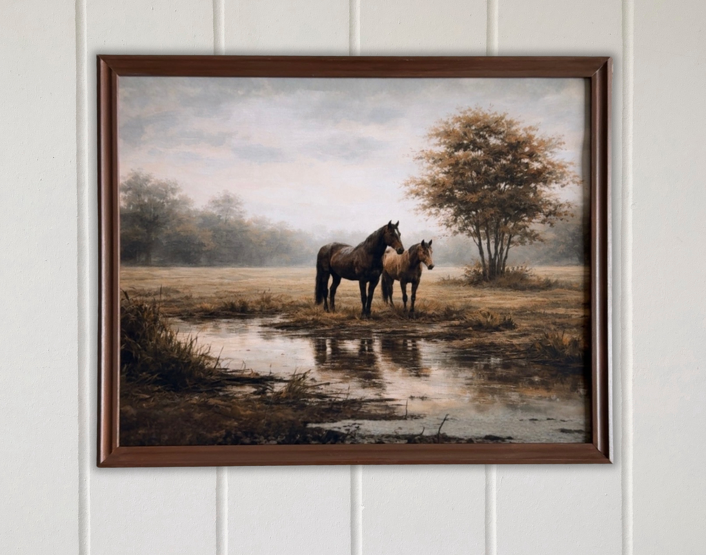 Vintage Style Horse Landscape Print-Framed