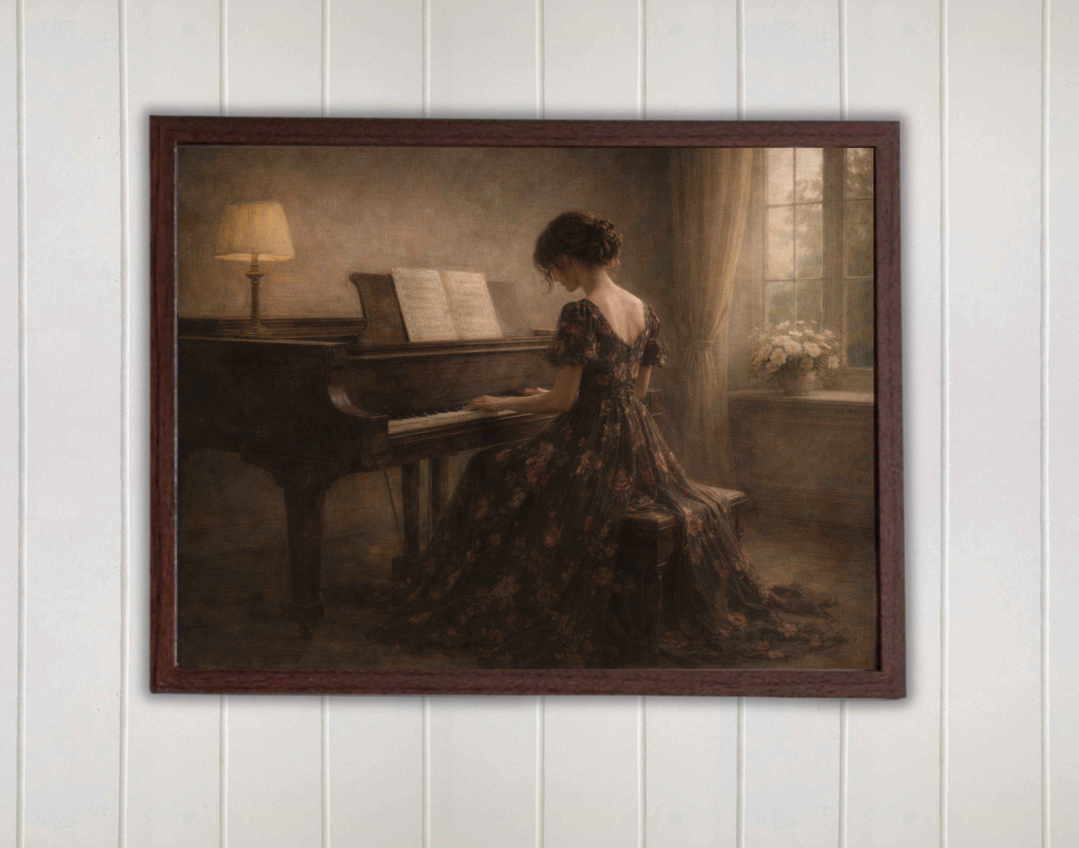 Vintage Style Framed Art Print-Piano Lady (Dark Version)