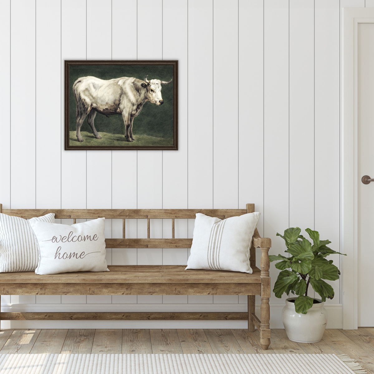White Longhorn Cattle Art Print |  Vintage Farmhouse/ Country Wall Art