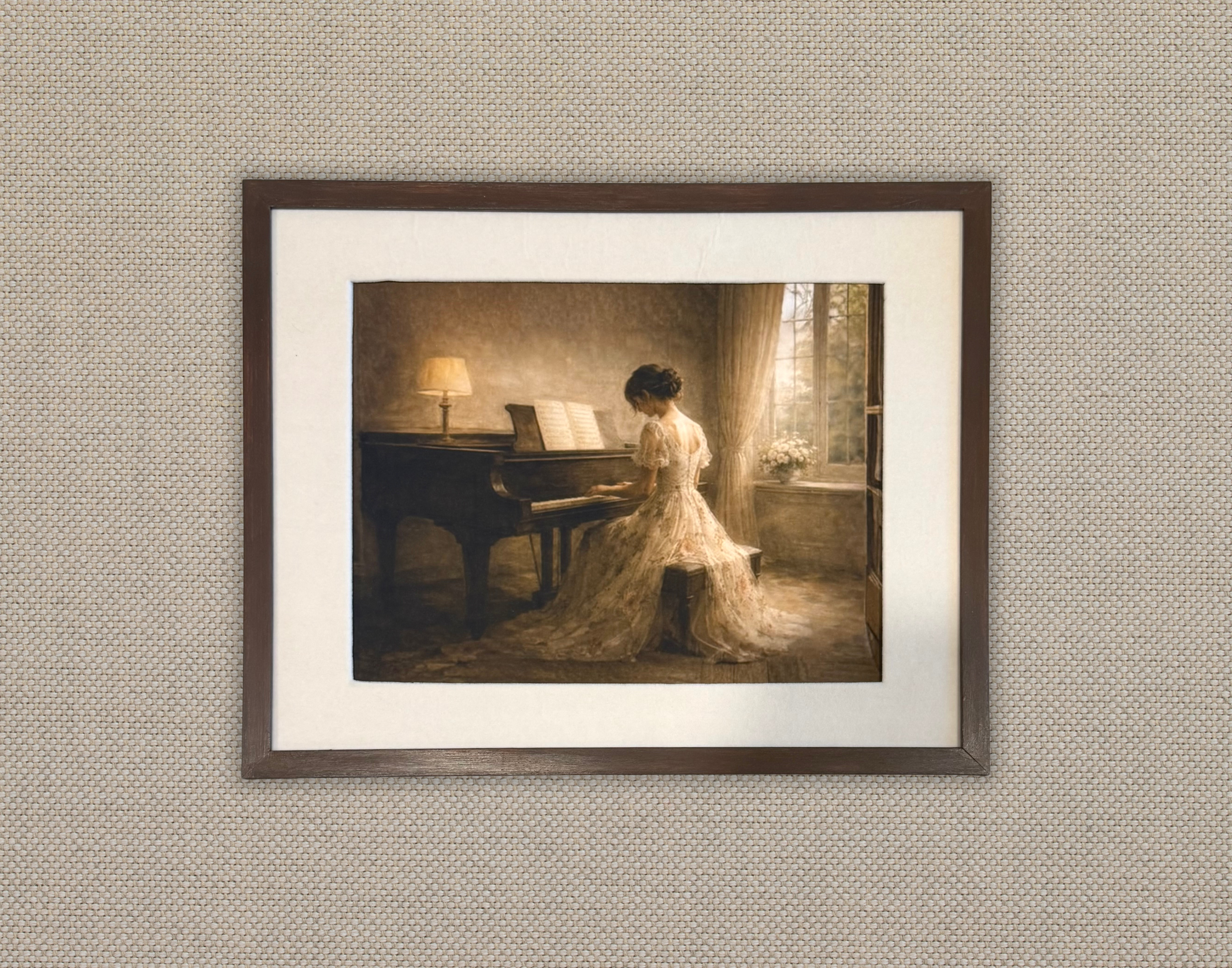 Vintage Style Piano Lady Print with Velvet Fabric Mat-11x14
