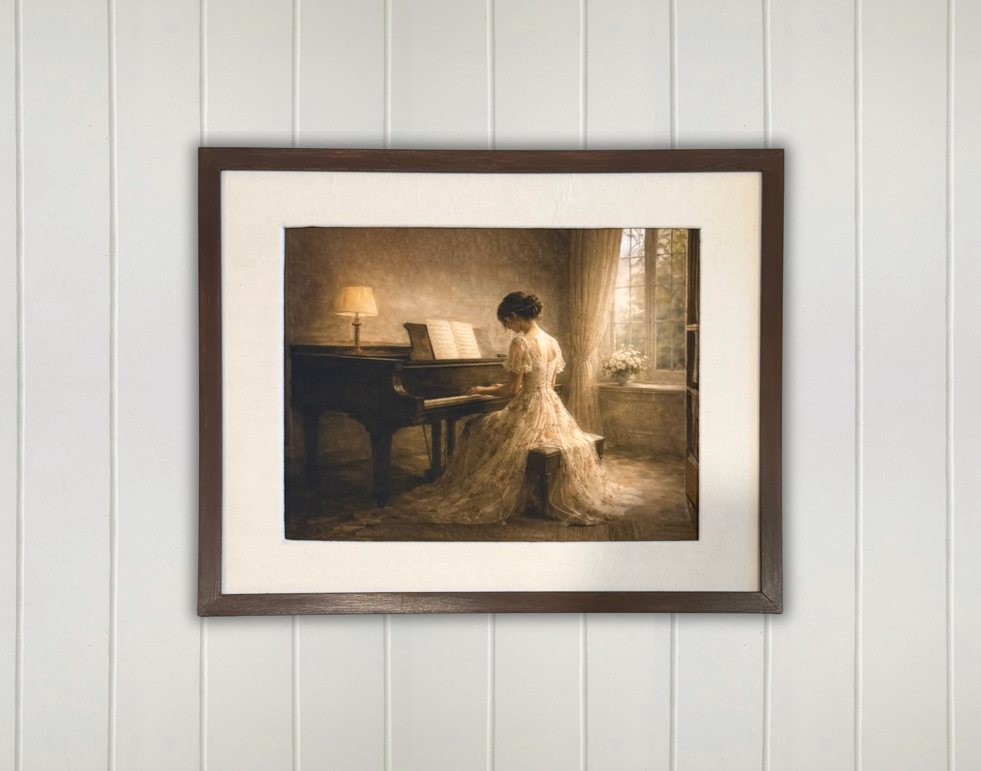 Vintage Style Piano Lady Print with Velvet Fabric Mat-11x14