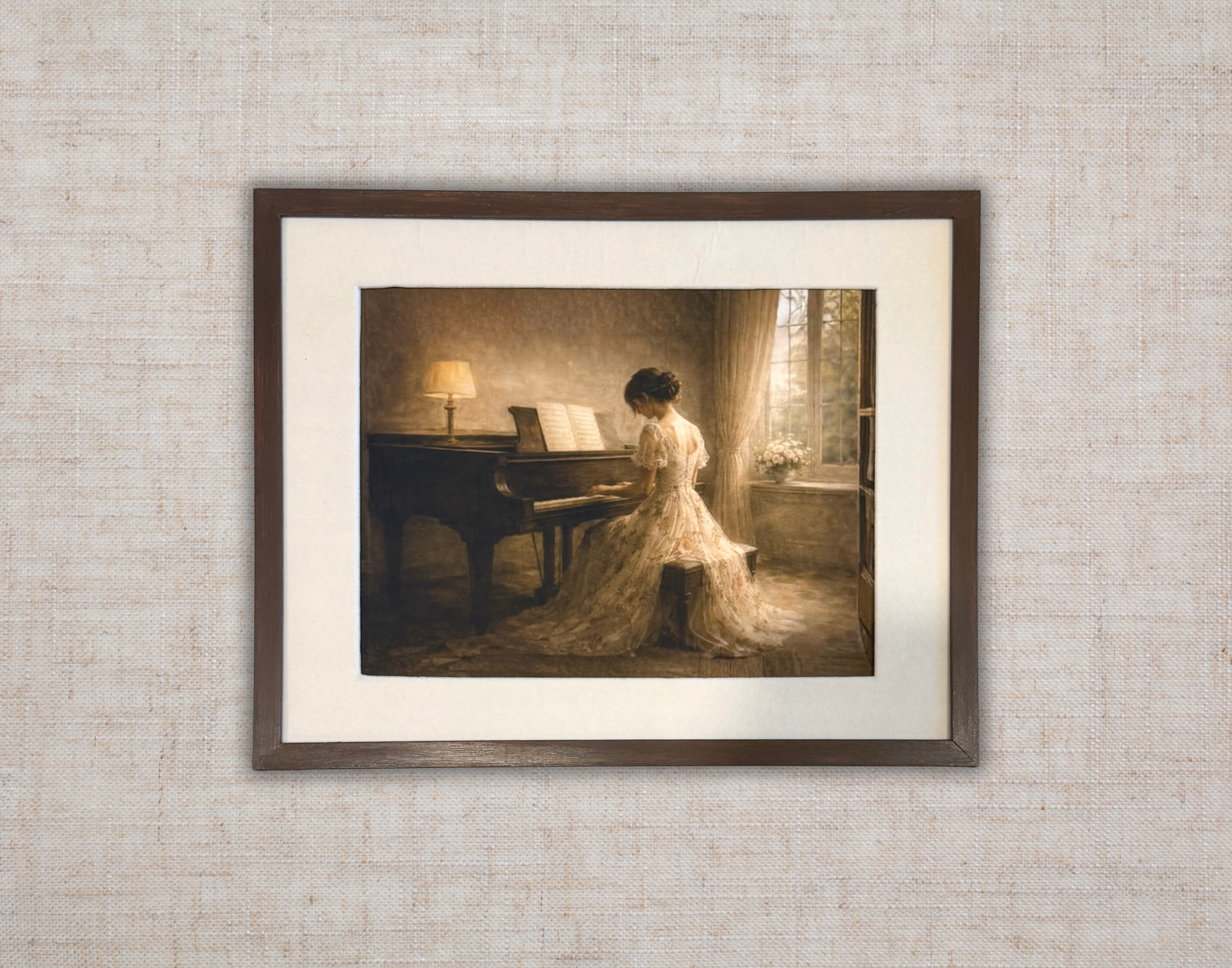 Vintage Style Piano Lady Print with Velvet Fabric Mat-11x14