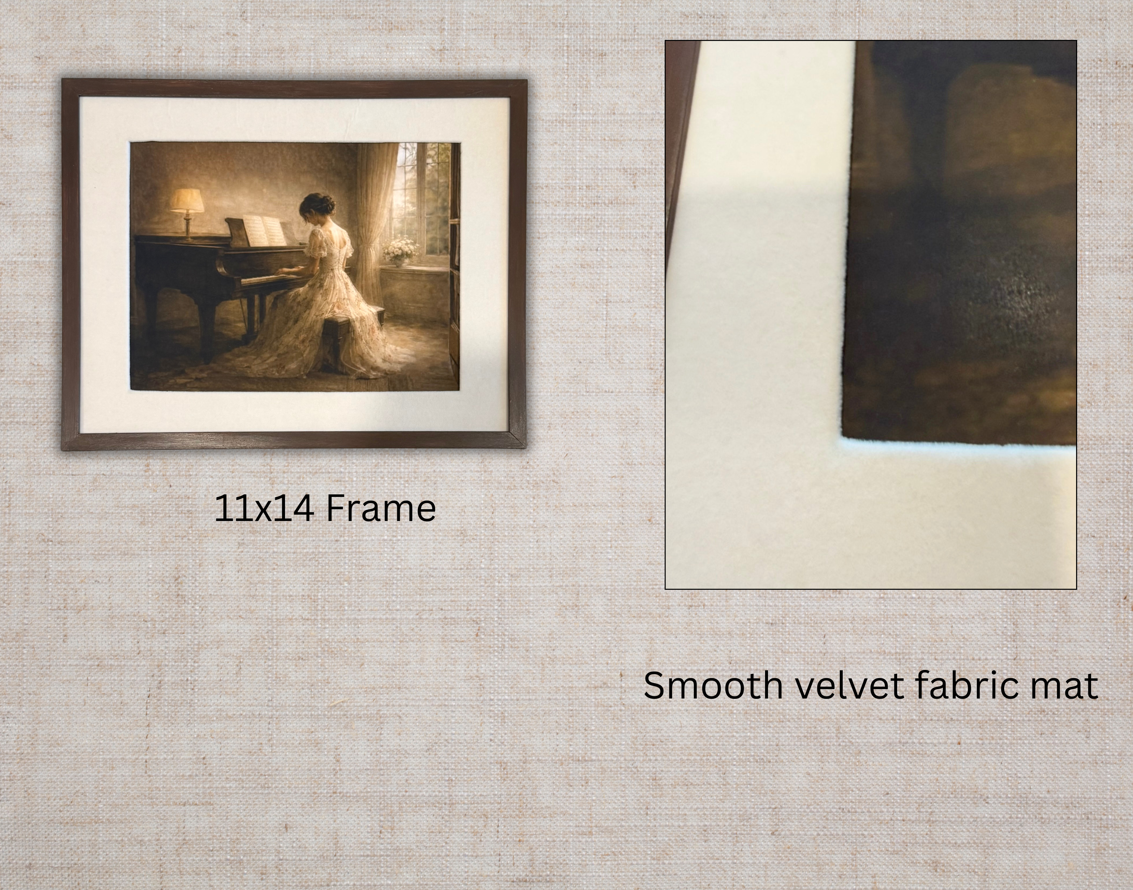 Vintage Style Piano Lady Print with Velvet Fabric Mat-11x14